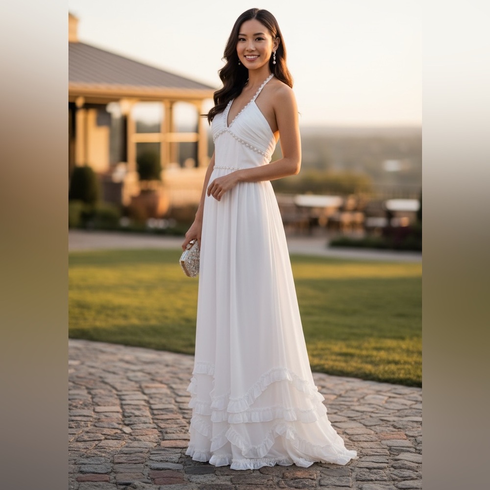 NWT! White Pearl Beaded Halter Gown | Boho Bridal, Beach Wedding, Formal Dress 8